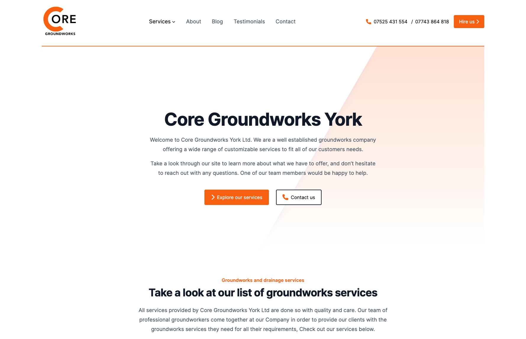 Screenshot of the Core Groundworks York website