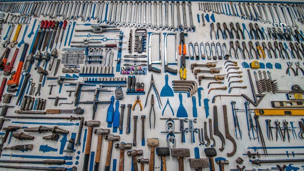 wall of tools of different shapes and sizes