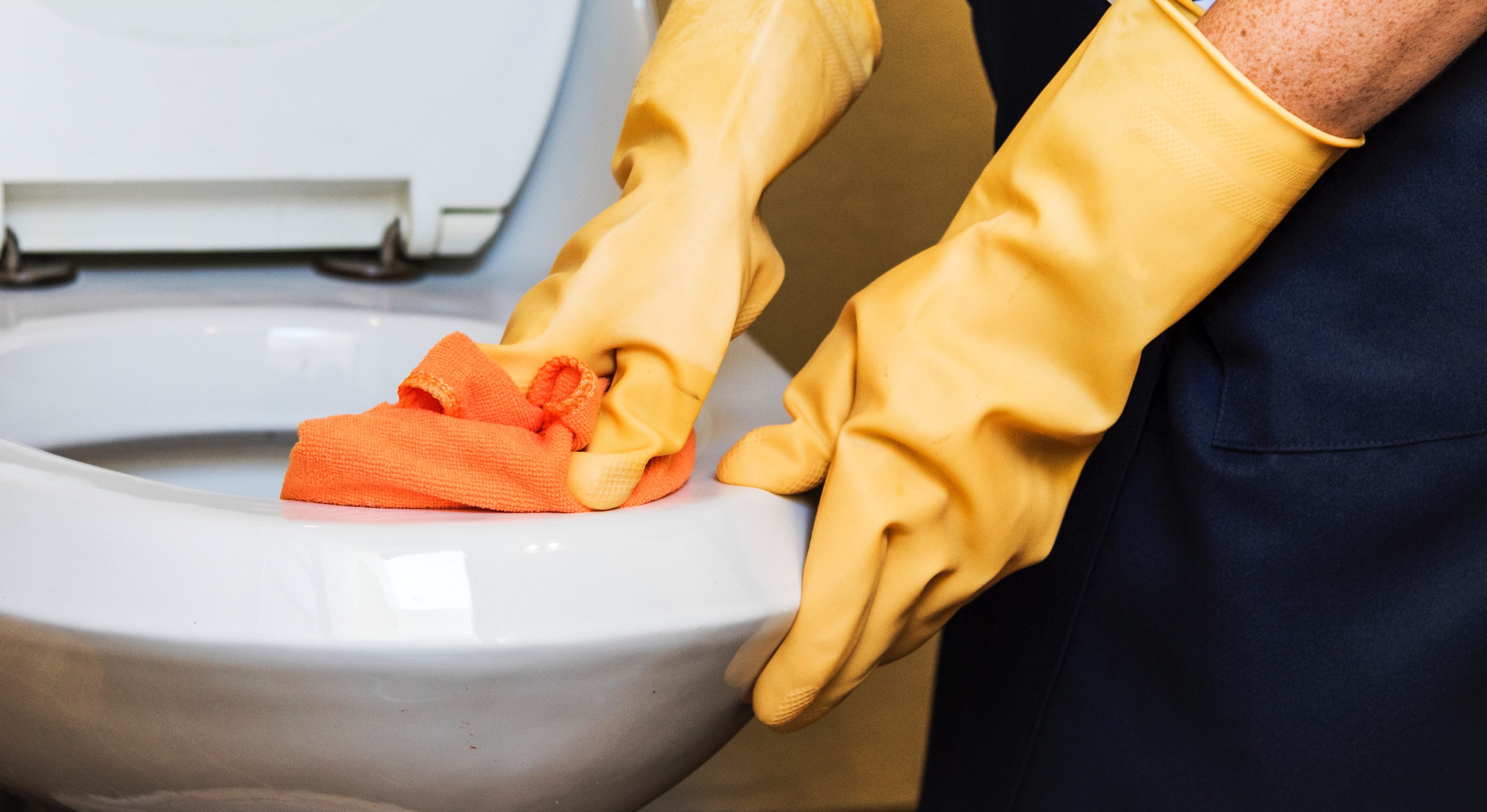 Rubber gloved hands scrubbing a toilet