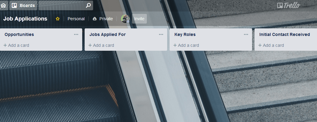 Screenshot of a job hunting board in Trello