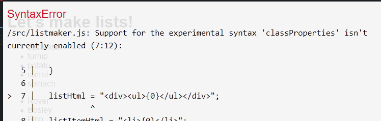 Syntax error showing because Babel JS is not configured correctly
